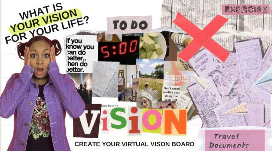 What is your vision for your life? Raven from That's so Raven making a shocked face. Collage style images of image cut outs, papers, posters, alarm clocks, and travel boarding passes. - Sincerely Sanguine