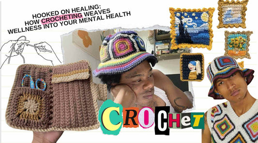 Collage style and zine format image of all things crochet, image contains male sitting with granny square and front facing image of a man in a crochet vest and crochet granny square bucket hat. 