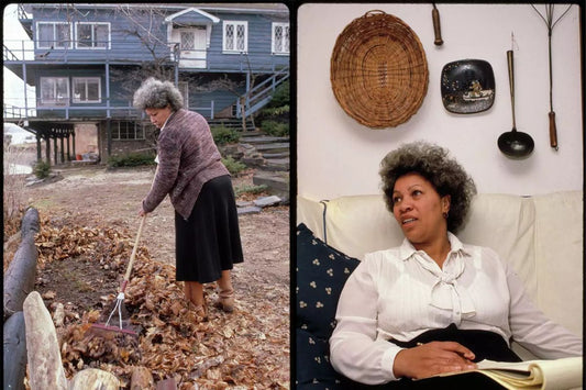 Toni Morrison raking leaves in front of a blue house in image to the left. Toni Morrison sitting on a white couch and writing within a legal notepad within the image on the right. 