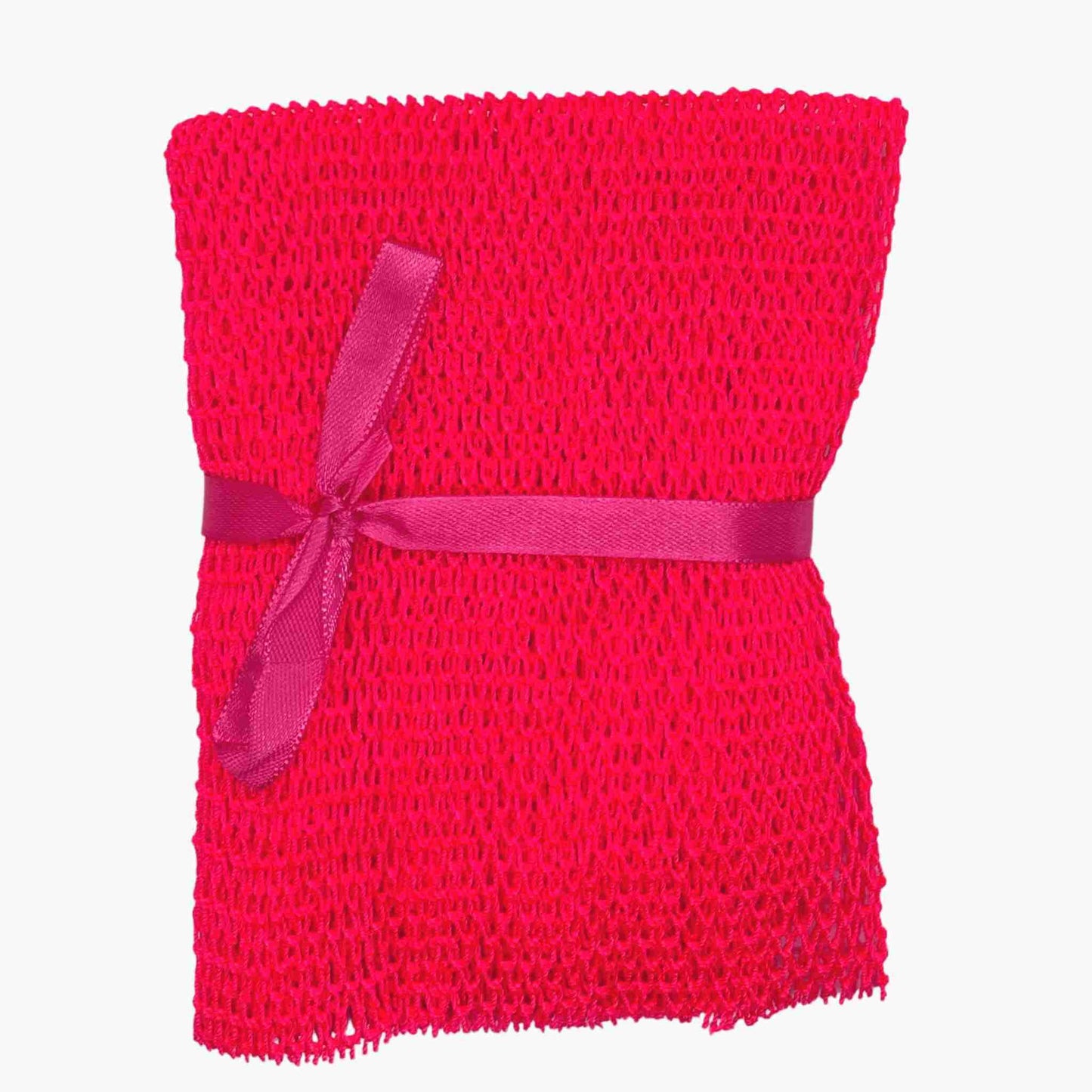 Flat image and top view of a hot pink shower exfoliation net wrapped in a pink bow - Sincerely Sanguine