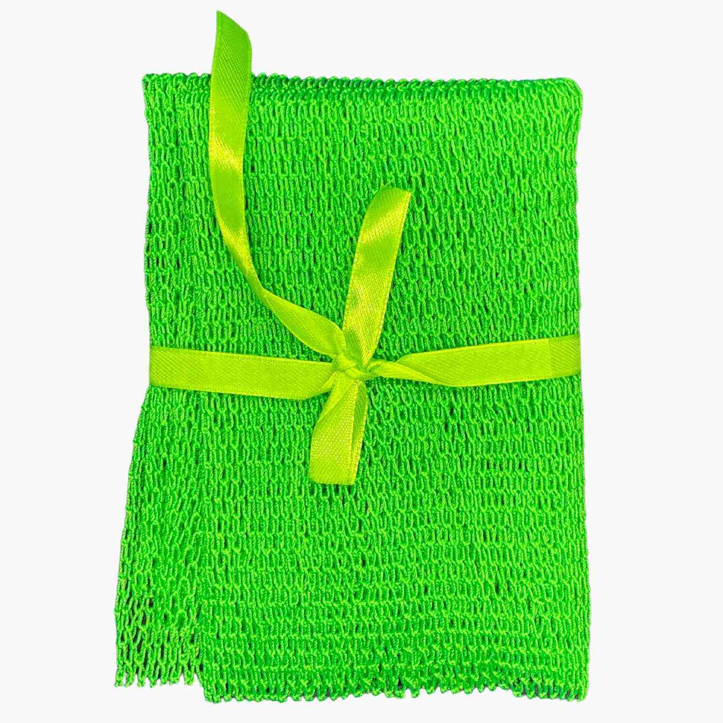 Flat image and top view of a lime green shower exfoliation net wrapped in a lime green bow - Sincerely Sanguine